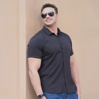 Men's Plus Size Summer Short Sleeve Shirt Business Casual Loose Fit Stretch Fabric Solid Color Office Wear main image 3