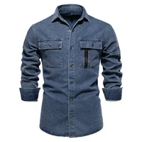 Men's Euro Fit Washed Denim Shirt - Casual Solid Color Cotton Long Sleeve Autumn New Arrival main image 1