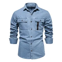 Men's Euro Fit Washed Denim Shirt - Casual Solid Color Cotton Long Sleeve Autumn New Arrival sku image 5