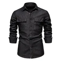 Men's Euro Fit Washed Denim Shirt - Casual Solid Color Cotton Long Sleeve Autumn New Arrival sku image 14