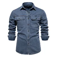 Men's Premium Washed Denim Shirt - Casual Cotton Long Sleeve Button-Up For Everyday Wear sku image 8