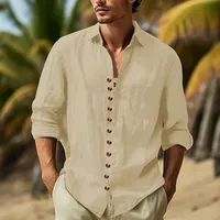 Men's Cotton Casual Button - Down Shirt Long Sleeve Solid Color Point Collar Spring/Fall Hawaiian Resort Wear main image 3