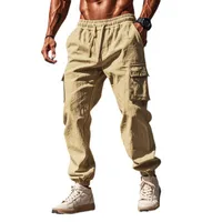 Men's Casual Work Pants With Drawstring Waist, Multiple Pockets, Wide Leg Loose Fit Lightweight Linen Cotton Summer Trousers main image 1