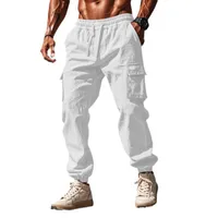 Men's Casual Work Pants With Drawstring Waist, Multiple Pockets, Wide Leg Loose Fit Lightweight Linen Cotton Summer Trousers main image 3
