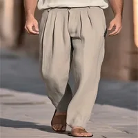 Men's Linen Pleated Front Pocket Relaxed Fit Straight Leg Casual Pants - Breathable Comfort - Fit Solid Color Trousers main image 1