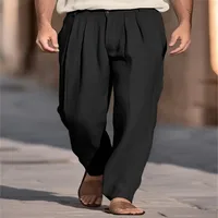Men's Linen Pleated Front Pocket Relaxed Fit Straight Leg Casual Pants - Breathable Comfort - Fit Solid Color Trousers main image 2