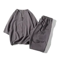 Traditional Chinese Style Men's Linen Blend Casual Two - Piece Set Loose Fit Short Sleeve Tunic & Pants main image 4