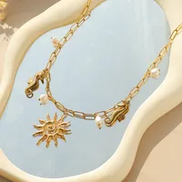 Hawaiian Beach Sun Hippocampus 304 Stainless Steel Plating 14K Gold Plated Women's Multi Charms Necklace main image 3