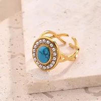 Casual Modern Style Simple Style Round Oval Bow Knot 304 Stainless Steel Handmade Polishing Inlay Imitation Pearl Synthetic Malachite Synthetic Turquoise 18K Gold Plated Women's Adjustable Ring main image 4