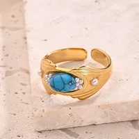 Casual Modern Style Simple Style Round Oval Bow Knot 304 Stainless Steel Handmade Polishing Inlay Imitation Pearl Synthetic Malachite Synthetic Turquoise 18K Gold Plated Women's Adjustable Ring main image 2