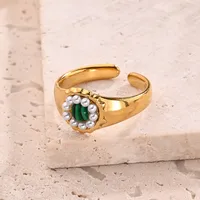 Casual Modern Style Simple Style Round Oval Bow Knot 304 Stainless Steel Handmade Polishing Inlay Imitation Pearl Synthetic Malachite Synthetic Turquoise 18K Gold Plated Women's Adjustable Ring main image 8