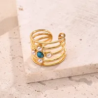Casual Modern Style Simple Style Round Oval Bow Knot 304 Stainless Steel Handmade Polishing Inlay Imitation Pearl Synthetic Malachite Synthetic Turquoise 18K Gold Plated Women's Adjustable Ring main image 5
