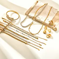 Wholesale Jewelry IG Style Solid Color 201 Stainless Steel Zircon 18K Gold Plated Bracelets Earrings Necklace Cuban Link Chain Curb Chain Cable Chain main image 1