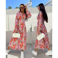 Women's Floral Dress Streetwear V Neck Long Sleeve Multicolor Maxi Long Dress Holiday Banquet Selfie main image 3