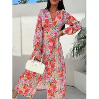 Women's Floral Dress Streetwear V Neck Long Sleeve Multicolor Maxi Long Dress Holiday Banquet Selfie sku image 2