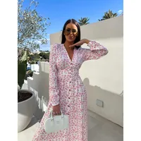 Women's Floral Dress Streetwear V Neck Long Sleeve Multicolor Maxi Long Dress Holiday Banquet Selfie sku image 8