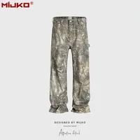 MIJKO Unisex Vintage Faded Camo Print Straight Leg Jeans - High Street Distressed Denim Pants For Men And Women sku image 8