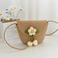 Women's Cotton Rope Flower Cute Basic Weave Square Magnetic Buckle Straw Bag sku image 3