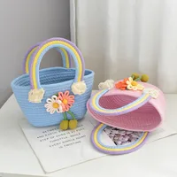 Women's Medium Cotton Rope Flower Vacation Weave Square Open Handbag Straw Bag main image 3