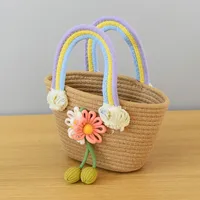 Women's Medium Cotton Rope Flower Vacation Weave Square Open Handbag Straw Bag sku image 4