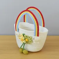Women's Medium Cotton Rope Flower Vacation Weave Square Open Handbag Straw Bag sku image 1