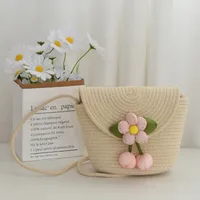 Women's Cotton Rope Flower Cute Basic Weave Square Magnetic Buckle Straw Bag sku image 1