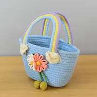 Women's Medium Cotton Rope Flower Vacation Weave Square Open Handbag Straw Bag sku image 2