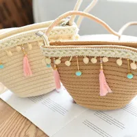 Women's Medium Cotton Rope Solid Color Vacation Weave Square Zipper Crossbody Bag main image 5