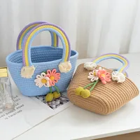 Women's Medium Cotton Rope Flower Vacation Weave Square Open Handbag Straw Bag main image 5
