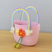 Women's Medium Cotton Rope Flower Vacation Weave Square Open Handbag Straw Bag sku image 3