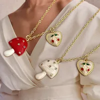 Cute Sweet Cherry Heart Shape Mushroom Copper Zirconia 18K Gold Plated Women's Pendant Necklace main image 3