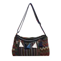 Women's Medium Cloth Geometric Ethnic Style Streetwear Tassel Sewing Thread Square Zipper Shoulder Bag sku image 6