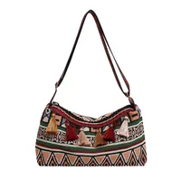 Women's Medium Cloth Geometric Ethnic Style Streetwear Tassel Sewing Thread Square Zipper Shoulder Bag sku image 3