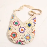 Women's Medium Cotton Thread Flower Vacation Weave Oval Zipper Shoulder Bag main image 1