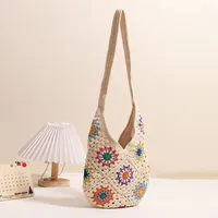 Women's Medium Cotton Thread Flower Vacation Weave Oval Zipper Shoulder Bag main image 2