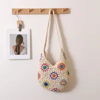 Women's Medium Cotton Thread Flower Vacation Weave Oval Zipper Shoulder Bag main image 3