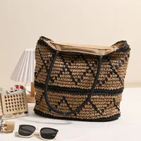 Women's Medium Straw Lingge Vacation Weave Square Zipper Shoulder Bag Tote Bag main image 3
