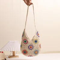 Women's Medium Cotton Thread Flower Vacation Weave Oval Zipper Shoulder Bag main image 4