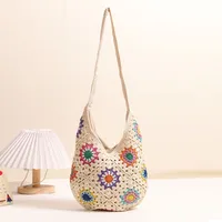 Women's Medium Cotton Thread Flower Vacation Weave Oval Zipper Shoulder Bag main image 5