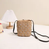 Women's Medium Rhinestone Straw Solid Color Streetwear Weave Square String Crossbody Bag Straw Bag sku image 1