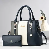 Women's Large Pu Leather Color Block Classic Style Sewing Thread Square Zipper Bag Sets main image 2