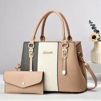 Women's Large Pu Leather Color Block Classic Style Sewing Thread Square Zipper Bag Sets main image 4