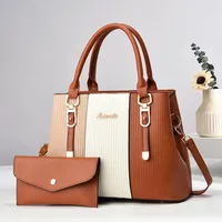 Women's Large Pu Leather Color Block Classic Style Sewing Thread Square Zipper Bag Sets main image 3