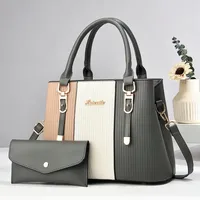 Women's Large Pu Leather Color Block Classic Style Sewing Thread Square Zipper Bag Sets main image 5