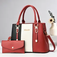 Women's Large Pu Leather Color Block Classic Style Sewing Thread Square Zipper Bag Sets sku image 6