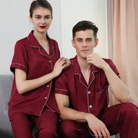 Couple's Summer Silk Pajama Set: Women's Striped & Men's Loose Fit Short Sleeve Two - Piece Homewear main image 1
