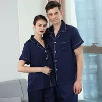 Couple's Summer Silk Pajama Set: Women's Striped & Men's Loose Fit Short Sleeve Two - Piece Homewear main image 4