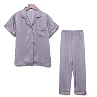 Couple's Summer Silk Pajama Set: Women's Striped & Men's Loose Fit Short Sleeve Two - Piece Homewear main image 3
