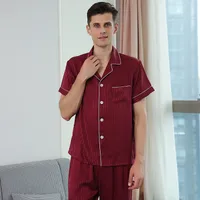 Couple's Summer Silk Pajama Set: Women's Striped & Men's Loose Fit Short Sleeve Two - Piece Homewear sku image 2