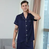 Couple's Summer Silk Pajama Set: Women's Striped & Men's Loose Fit Short Sleeve Two - Piece Homewear sku image 10